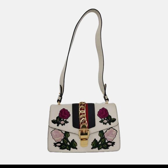 Gucci Ivory Floral Embroidered Leather Small Web Chain Sylvie Shoulder Bag - Picture 7 of 7